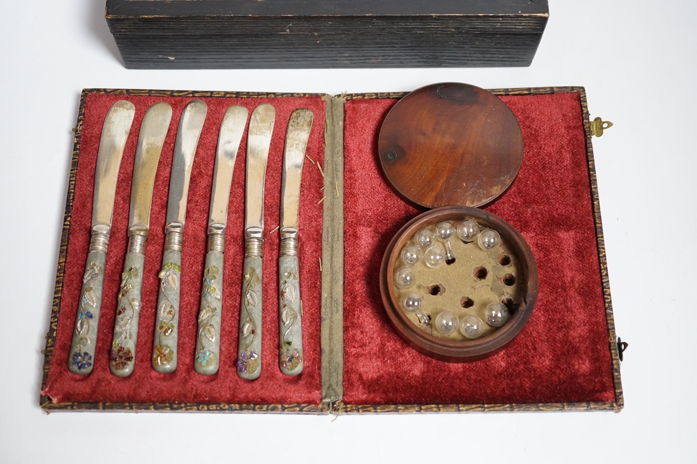 A. Marnony - a mathematical instrument, a copper lidded box and cased knives